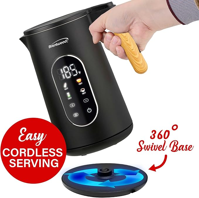 Brentwood 1100W 1.7L Cordless Cool Touch Digital Kettle with Stainless Steel Interior, Temperature Control with 4 Presets, 360° Base, Auto Shut-Off, Keep Warm, & Boil Dry Protection (Black, 1.7L)