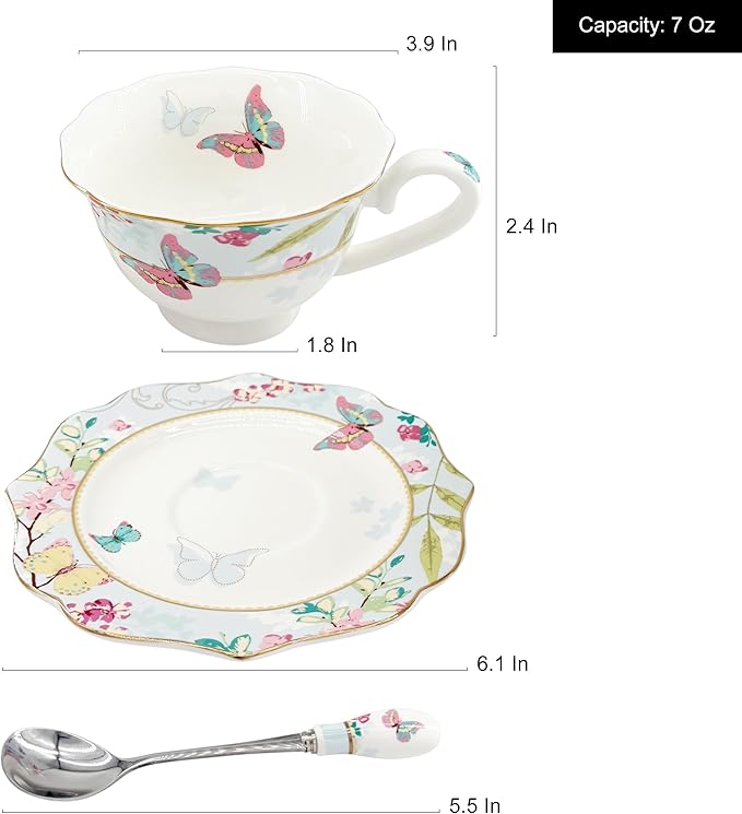 Vintage Ceramic Teacup, Elegant Coffee Cup, Royal Bone Tea Cups with Spoon and Saucer Set (Blue)