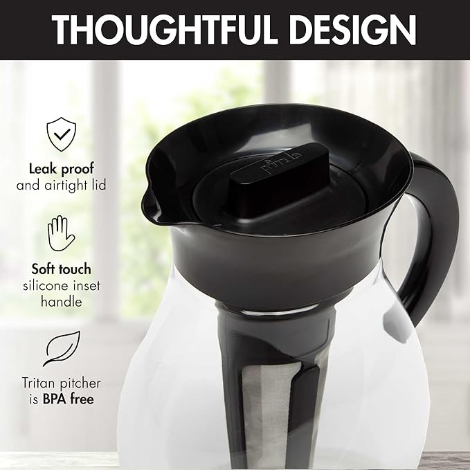 Primula The Big Iced Tea Maker and Infuser, Plastic Beverage Pitcher with Leak Proof, Airtight Lid, Fine Mesh Reusable Filter, Made without BPA, Dishwasher Safe, Black (Pack of 4)