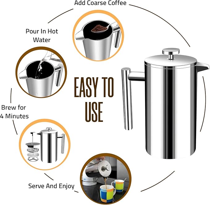 Utopia Kitchen 304 Grade Stainless Steel French Press Coffee Maker 34 Oz, Double Wall Insulated Coffee Press with 4-Level Filtration System, Include 2 Extra Filters, Rust-Free, Dishwasher Safe, Silver