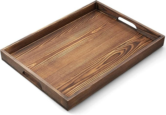 17 Inch Burnt Wood Serving Tray with Handles - Large Wooden Tray for Ottoman, Breakfast in Bed, Dinner, Coffee Table - Decorative Brown Rectangular Tray for Living Room Entryway and Kitchen Decor