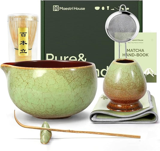 Maestri House Matcha Whisk Set, 7-Pc Complete Matcha Kit with Spouted Ceramic Bowl, Bamboo Whisk and Holder, Scoop, Spoon Rest & Sifter, Tea Cloth – Ideal Gift for Matcha Lovers (Verdant Abyss)