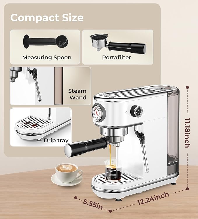 20 Bar Espresso Machine with Milk Frother, Professional Compact Espresso Maker, Stainless Steel Coffee Machine with Precise Temp Control & 44oz Removable Water Tank for Latte, Cappuccino, White
