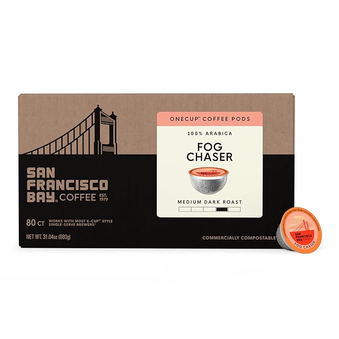 San Francisco Bay Coffee - Medium-Dark Roast - Fog Chaser (80 ct) - Single Serve Coffee Pods, Commercially Compostable, K Cup Compatible