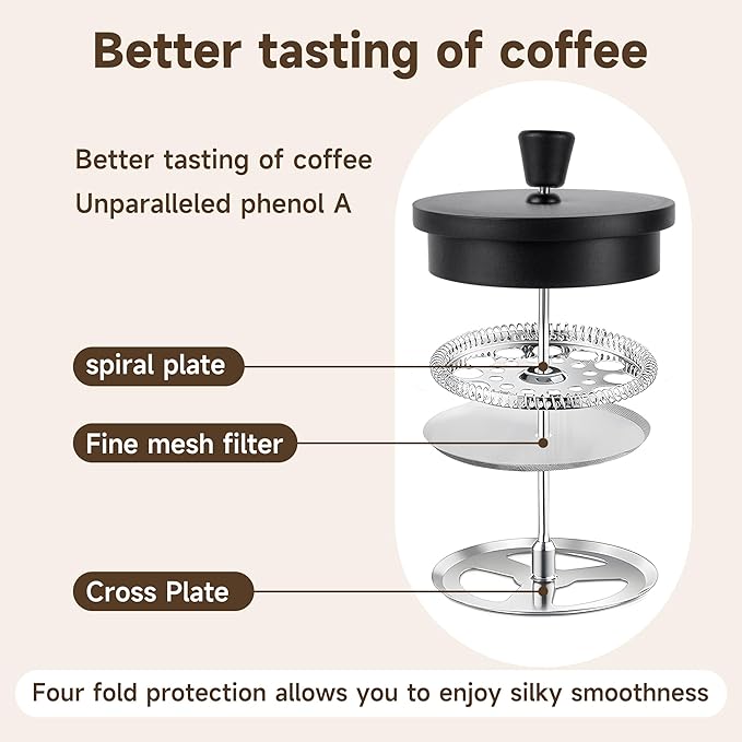 French press, borosilicate glass French press coffee maker, 3 layer stainless steel tea press,34oz large french press, suitable for home, office, kitchen, travel, fashion black