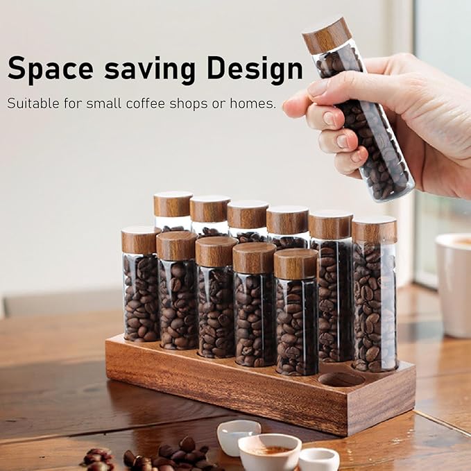 Fockety Coffee Bean Storage Tubes Single Dose, 6PCS or 12PCS Coffee Bean Cellar, Dosing Glass Vials with Lids, Wooden Display Stand and Funnel, Airtight Sealed Glass Canister Jars Tubes