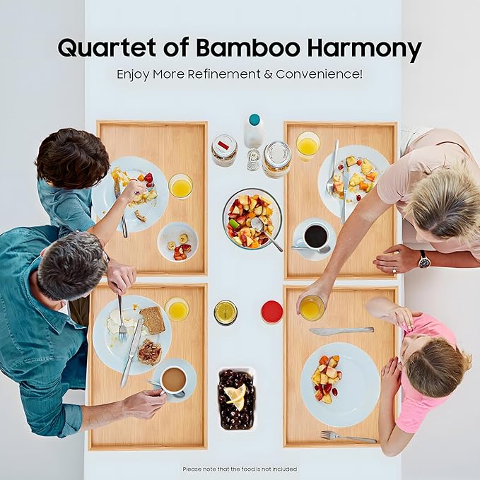 4 Pack Bamboo Serving Tray with Handles Kitchen Large Food Bamboo Tray Couch Tray Tea Decorative Serving Pallet for Dinner, Breakfast, Table Snack, 18.1×13×1.4In