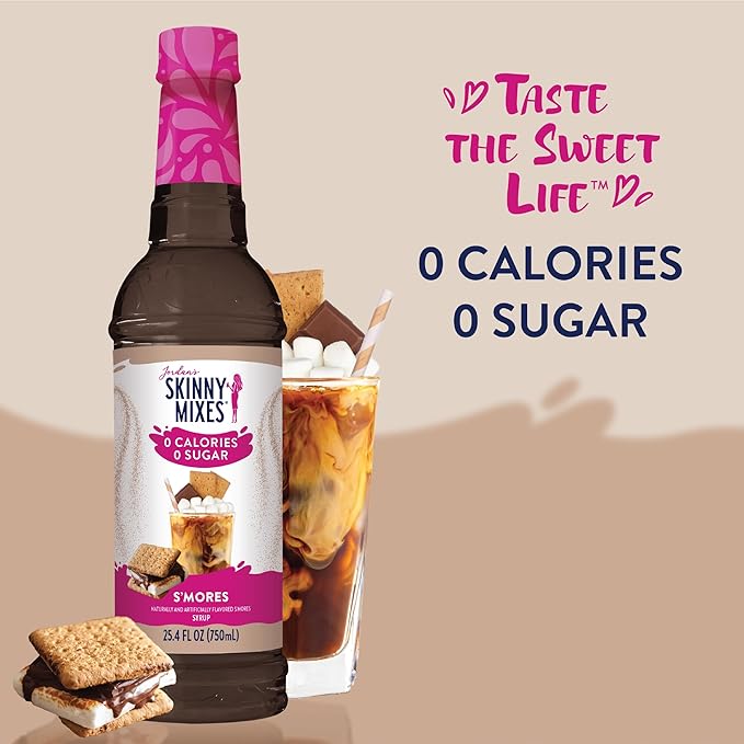 Jordan's Skinny Mixes Sugar Free Coffee Syrup, S'mores Coffee Flavoring Syrup, Zero Calorie Drink Mix for Lattes, Baking or Protein Shake, Dairy & Gluten Free, Kosher, 25.4 Fl Oz