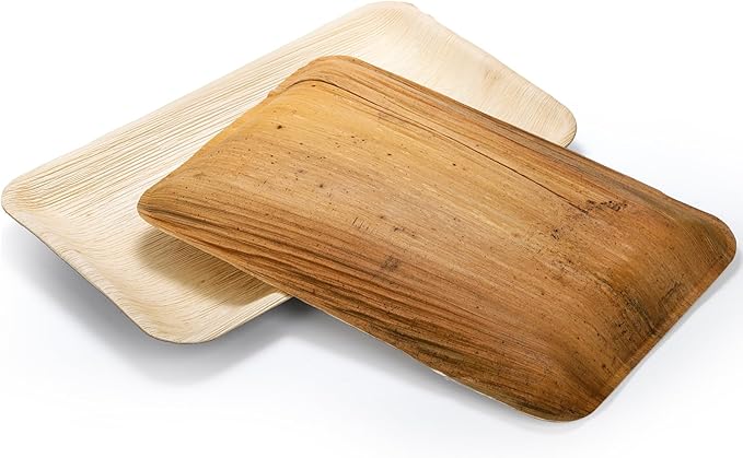 Dicunoy 20 PCS Palm Serving Plates, 14" x 9" Disposable Charcuterie Boards, Rectangle Bamboo Wood Like Platters Trays, Heavy Duty Party Plates for Dinner, Weddings, BBQ, Catering, Events