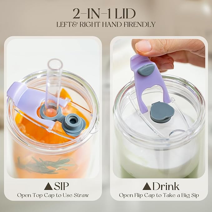 KEMORELA 28 oz Double Wall Glass Tumblers Set of 2, Extra-Wide 13mm Reusable Glass Drinking Straws, Boba Tumbler, Wide-Mouth Water Cups for Iced Coffee, Smoothies, Boba & Tea Lovers (Clear)