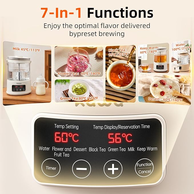 Kawu 2.5L Electric Kettle & Tea Maker with Steam Infuser, 7-in-1 Glass Water Boiler and Warmer, Variable Temperature Control Hot Water Dispenser, 24H Keep Warm for Tea, Office