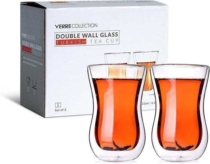 Turkish Tea Cups 4.25 oz, Lightweight Turkish Tea Glasses, Heat Resistant Double Wall Tea Cups, Insulated Turkish Tea Set of 2