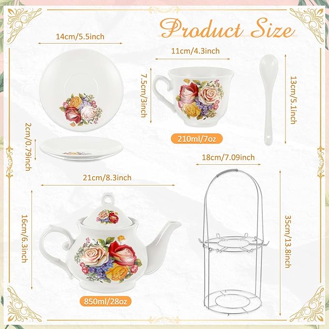 Zhehao 20 Pcs Porcelain Tea Set with Metal Holder and Spoon Adult Ceramic Tea Set European Flower Painting Teapot Cup Saucer Spoon for Women, Large Version (Floral Style)