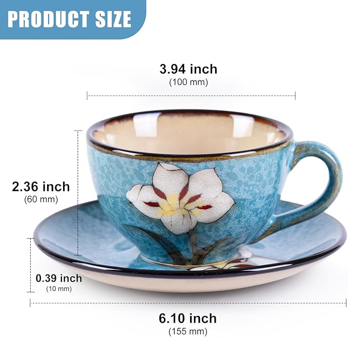 8 Oz Floral Porcelain Cappuccino Cups with Saucers Set of 4, Stoneware Tea Coffee Mugs for Home Kitchen & Office, Dishwasher Microwave Oven Safe, for Espresso, Latte, Americano, Milk & Tea, Blue