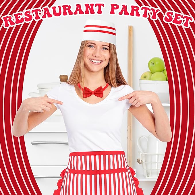 1950s Waiter Costume Kit, Soda Jerk Costume, Red and White Striped Half Apron with 2 Pockets, Chef Hat, Red Bow Ties - Image 6