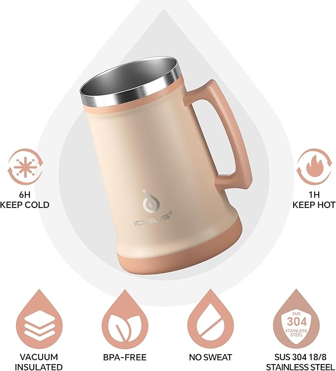 Ideus Insulated Beer Stein, 24/32oz Stainless Steel Double Walled Beer Mug Giant Bar Drinkware Metal Beer Cup with Big Grip Handle (Pale Nude, 34 ounces (1,000ml))
