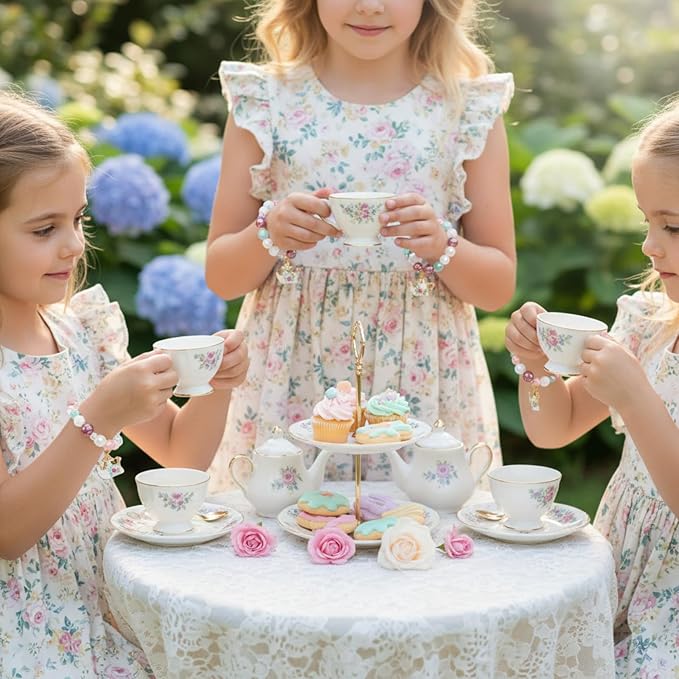 Ecally 6 Pcs Tea Party Favors Bracelet Bulk Mini Flower Tea Pot Beaded Bracelet Gift Party Supplies Pot Pendant Accessories Decorations for Kids Girl