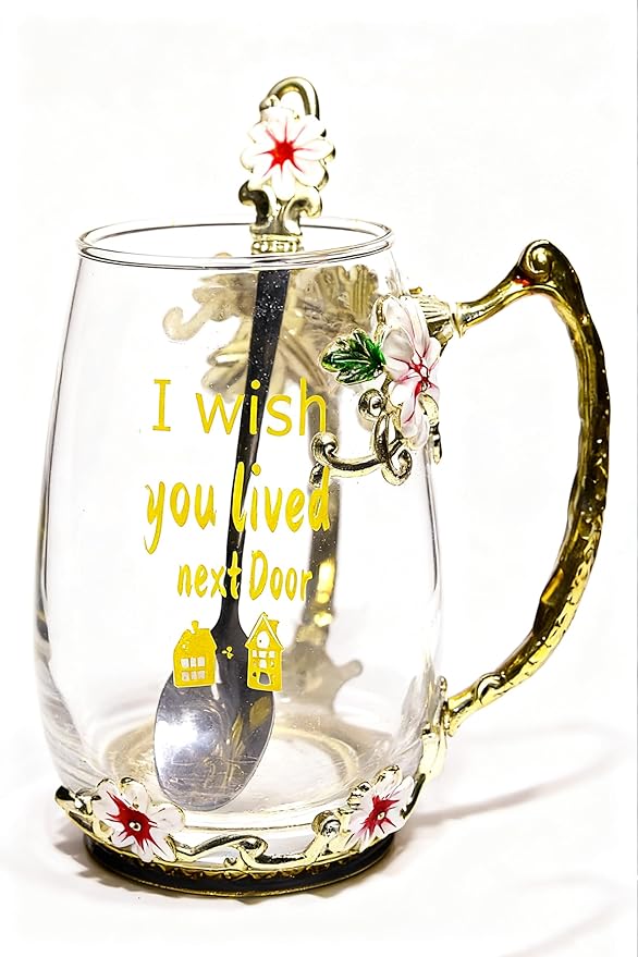 Unique Printing Glass Cup Flower Design Tea Cup Coffee Cup Ideal Christmas Gift for Friends Colleague BFF Her Women Neighbor (Neighbor)