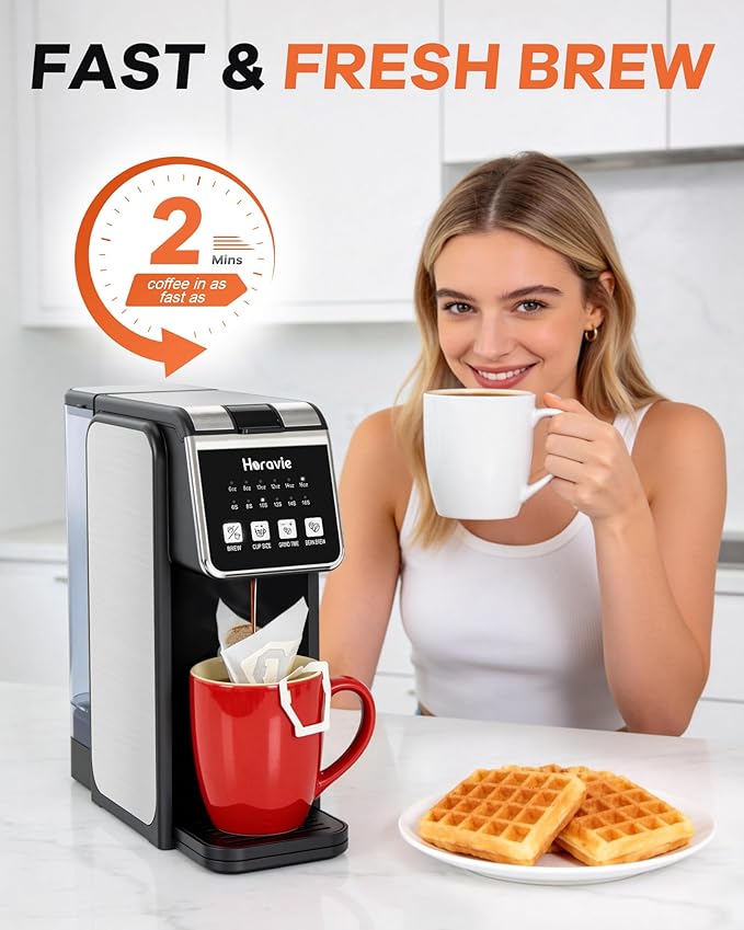 Single Serve Coffee Maker with Built-in Grinder, Fast Brew 6-16oz Single Cup for Whole Beans, Grounds, K-Cup, Grind and Brew Coffee Maker with 47oz Water Tank, Descaling Alert, Black