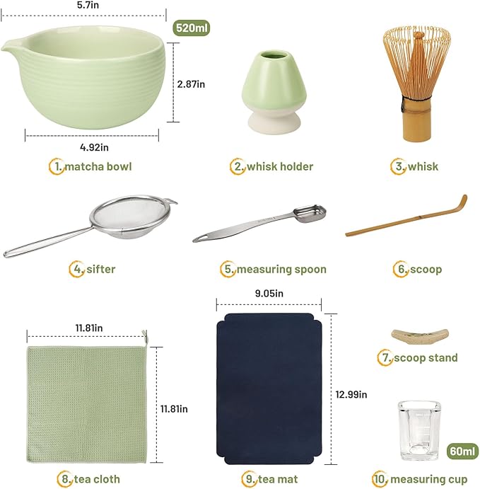 Matcha Whisk Set, Matcha Kit 10-Pcs, Bamboo Whisk and Ceramic Bowl with Spout & Measuring Spoon & Cup, Japanese Ceremony Matcha Tea Powder Making Tools, Light Green