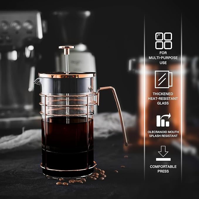 French Press, 34 Ounce (1000ml) Coffee Maker, Glass Rose Gold Coffee Press, Heat Resistant Borosilicate Glass Tea Maker and 3 layers Filter Coffee Pot for Camping Travel Gifts