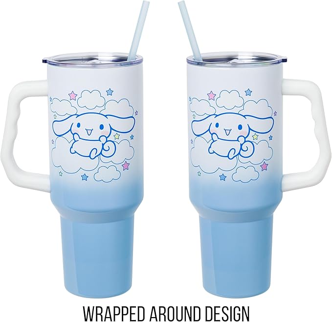 Silver Buffalo Sanrio Hello Kitty and Friends Featuring Cinnamoroll in Stars and Clouds Double Walled Stainless Steel Tumbler with Handle and Straw, Fits in Standard Cup Holder, 40 Ounces