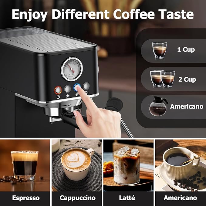 Spacekey Espresso Machine with Milk Frother, 20 Bar Professional Espresso Maker Semi-Automatic Espresso Coffee Machines for Home, Cappuccino, Latte Maker with 58oz Removable Water Tank, Black