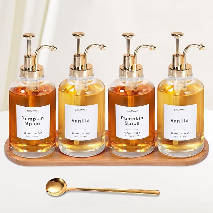 Coffee Syrup Dispenser for Coffee Bar, 16.9oz 500ml Glass Syrup Dispenser w Golden Coffee Scoop, Coffee Syrup Pump Dispenser w 36 Labels and Bamboo Tray, Coffee Syrup Bottles with Golden Pump, 4PCS by SHANNATOYS