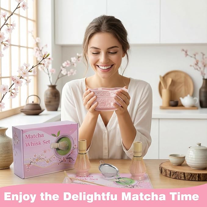 Matcha Whisk Set,7 Pcs Matcha Kit Set with Bowl & Holder, Bamboo Whisk (Chasen), Scoop, Spoon and Sifter and Tea Towel,Matcha Kit Covers Everything Needed for Making Matcha (Pink)