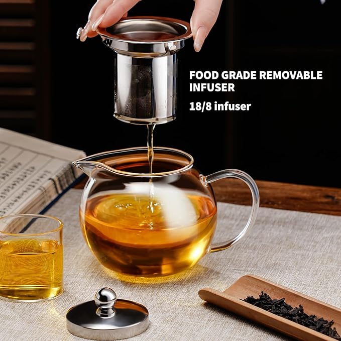 PARACITY Glass Teapot Stovetop 50 OZ/1500ml, Tea pot with Removable 18/8 Stainless Steel Infuser, Borosilicate Clear Tea Kettle, Teapot Blooming and Loose Leaf Tea Maker Tea Brewer for Camping, Travel