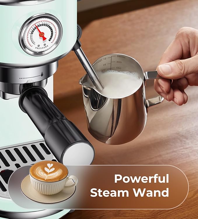 20 Bar Espresso Machine with Milk Frother, Compact Espresso Maker, Stainless Steel Coffee Machine with Precise Temp Control & 44oz Removable Water Tank for Latte, Cappuccino, Light Green