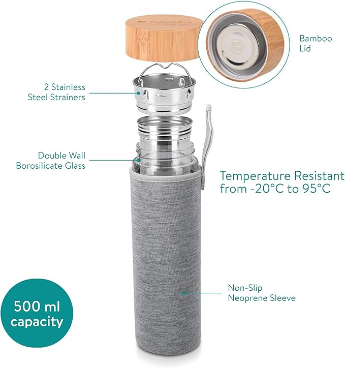 Navaris Glass Water Bottle with Tea Infuser - Double Walled Borosilicate Glass Travel Tumbler with Bamboo Lid and Non Slip Gray Neoprene Sleeve - 17oz