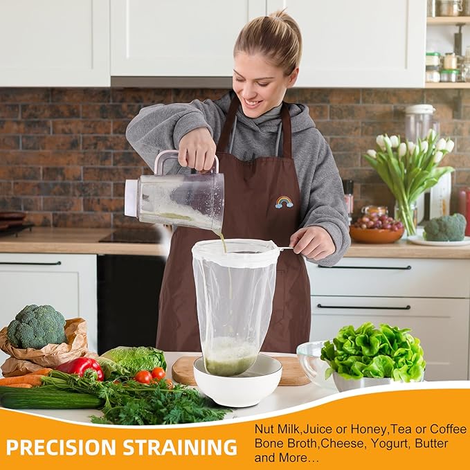 5 Pcs Premium Ultra Fine Mesh Strainer Bags with Stainless Steel Handle, Reusable Nut Milk Bags, Cheese Cloths for Straining Juice, NutMilk, Coffee, Thai Tea, Yogurt and Soup (Large)