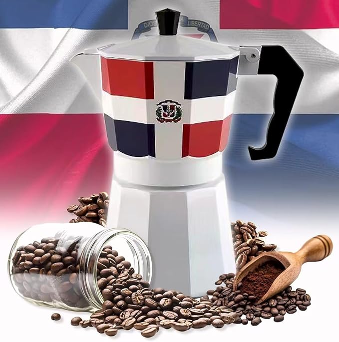 PRK 14 Dominican Republic Coffee Greca Pot – Classic Domicano Stovetop Espresso Maker with DR Flag Design – Traditional Moka Style Cafetera for Rich Dominican Cafe at Home 6 Cups