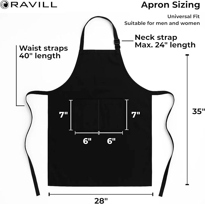 Ravill Black Apron with Pockets for Men and Women - 35" Long Multi Purpose Polyester Work Aprons for Cooking, Cleaning, Baking, Art - Water Resistant Kitchen Apron - Image 4