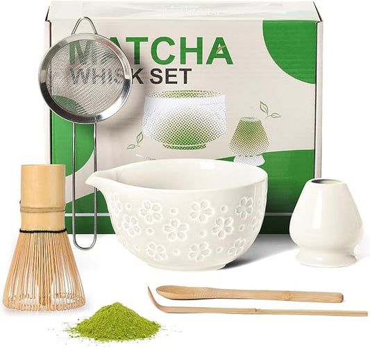 Matcha Whisk Tea Set Kit: Japanese Matcha Kit - Ceramic Bowl Bamboo Whisk Chasen Holder spoon Measuring Scoop Sifter - Traditional Practical for Tea Ceremony Breakfast Lattes - Home Kitchen Christmas