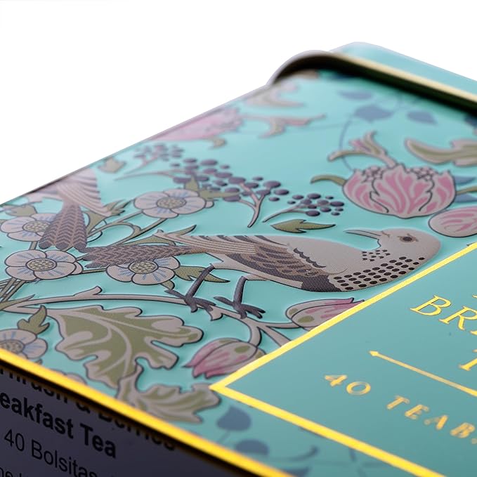 New English Teas Song Thrush and Berries Tea Tin in Green with 40 English Breakfast Teabags