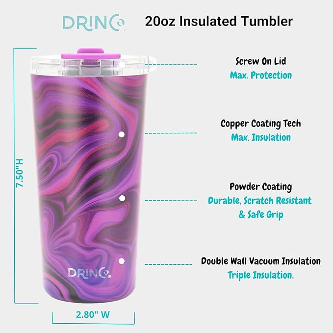 Drinco - 20 oz Stainless Steel Tumbler | Double Walled Vacuum Insulated Mug With Lid, 2 Straws, For Hot & Cold Drinks (20oz Purple Swirl)