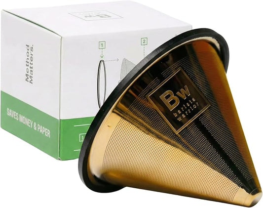 Barista Warrior Reusable Coffee Filter - Stainless Steel Pour Over Dripper, Compatible for Chemex, Hario V60 & Drippers, Easy to Clean Flavorful Brew Fine Mesh Coffee Filter - Gold Titanium Coated