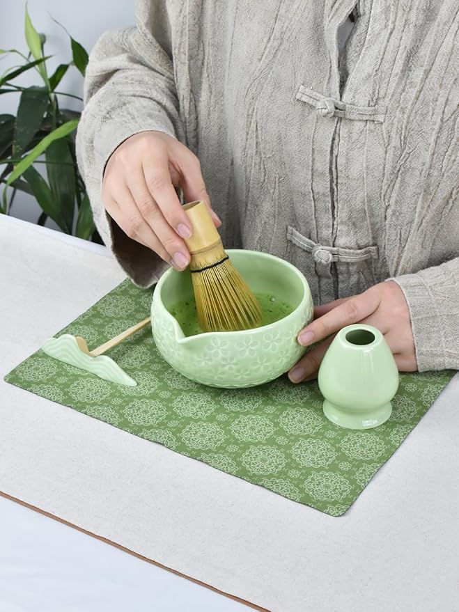 Artcome Matcha Tea Set – Green Sakura Embossed Ceramic Bowl 17oz with Bamboo Whisk, Whisk Holder, Strainer, Scoop, Tea Spoon, Cloth – Traditional Japanese Matcha Kit for Daily Use & Gift Giving