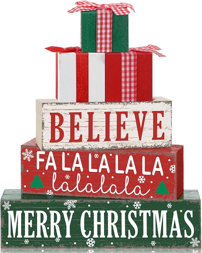 Geelin 4 Pieces Merry Christmas Wooden Table Decorations Xmas Wood Gift Boxes Decor Rustic Christmas Tiered Tray Decor Xmas Believe Tabletop Centerpieces for Home Desk Room Kitchen Shelf