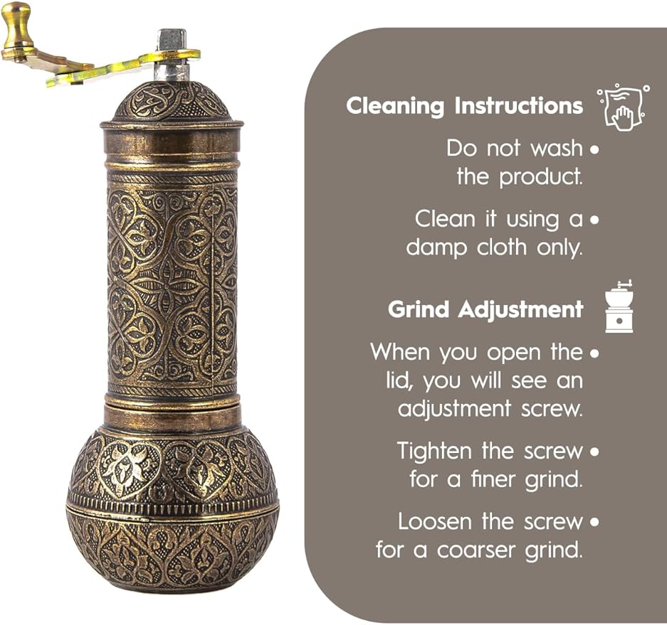 Decorative Handmade Coffee Grinder, Refillable Turkish Spice Mill, Manual Coffee Mill with Handle, Coffee Grinder Metal with Hand Crank 18 cm-7.1 inch (Antique)