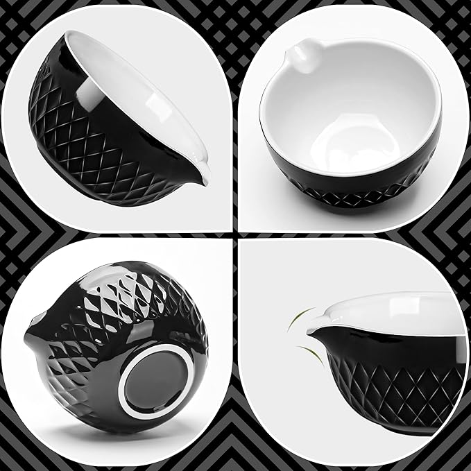 Matcha Whisk Set, 7 Pcs Matcha Kit, Ceramic Matcha Set Includes Matcha Bowl with Spout, Matcha Whisk and Holder, Bamboo Scoop, Scoop Rest, Sifter and Tea Towel (Onyx Black)
