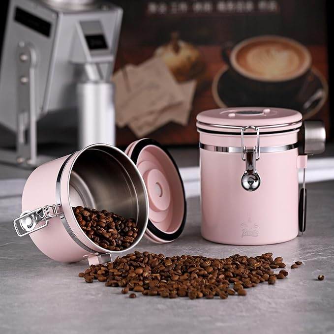 Bincoo Premium Pink Coffee Canister, 1500ml/18oz Large Airtight Stainless Steel Coffee Bean Storage Container with Date Tracker & Scoop (1500ML)