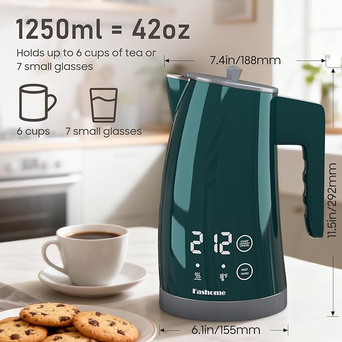 Electric Kettle with Temperature Control, 5 Preset Temps & 2H Keep Warm, 1200W Quiet Water Boiler, BPA-Free Double Wall Cool Touch, Digital Display, 360° Base - Green