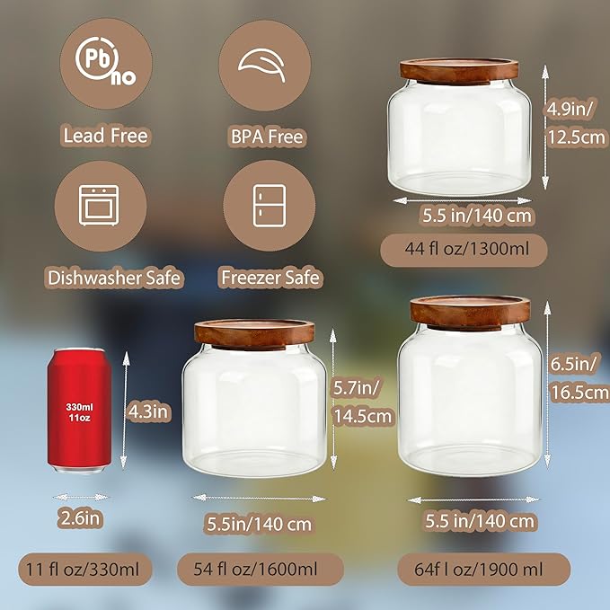 1PC Glass Storage Jars with Airtight Lids, 64 fl oz (1900ml) coffee container with Wooden Lid, Glass Pantry Canister for Beans, Rice, Sugar and etc