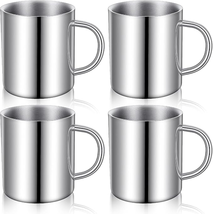 4 PCS Stainless Steel Cups Mit Handle, 10oz/300ml Metal Double Walled Cups Anti Scalding Insulated Mugs Reusable Metal Cup Tumbler for Home Camping Travel Outdoors Coffee, Milk,Tea and Cold or Hot
