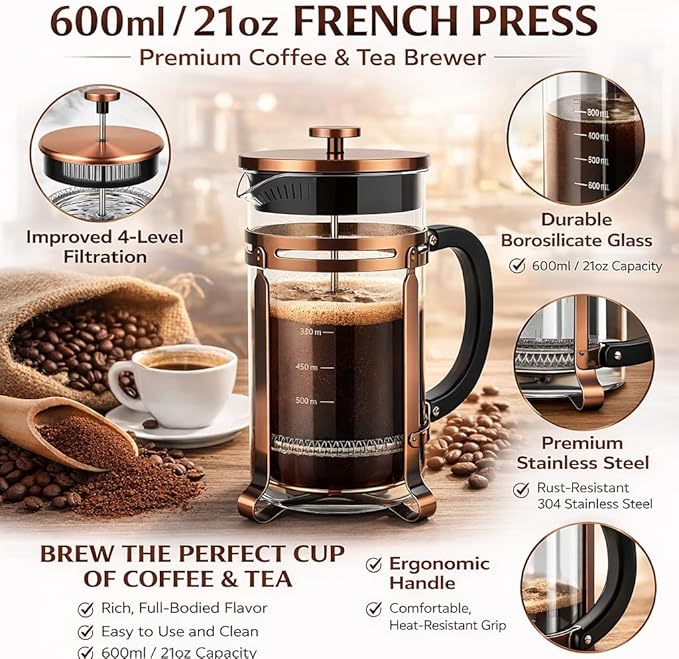 French Press Coffee Maker 21 oz, 304 Stainless Steel Double Mesh Filter, Borosilicate Glass, Heat-Resistant, BPA-Free, Ideal for Home, Office & Gift