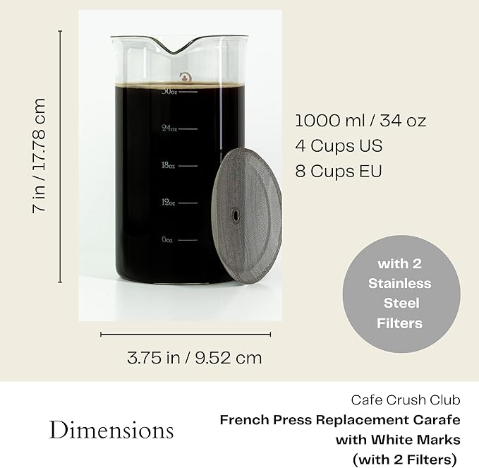 French Press Replacement Glass with Steel Filters by Cafe Crush Club - Fire Hardened Borosilicate Beaker - 34 Ounce | 1 Liter Size with White Measures