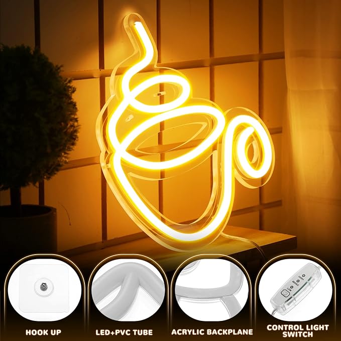 Kathfly Coffee Bar Neon Sign LED Neon Decor Modern LED Wall Sign for Shop Accessories for Cafe Restaurant Pub Art Party Decor(Coffee)